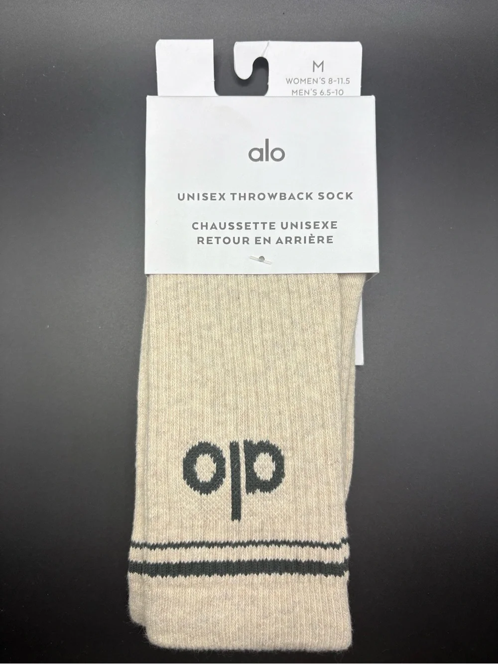 NWT ALO Yoga Unisex Throwback Sock - Oatmeal/Charcoal Green Size Medium